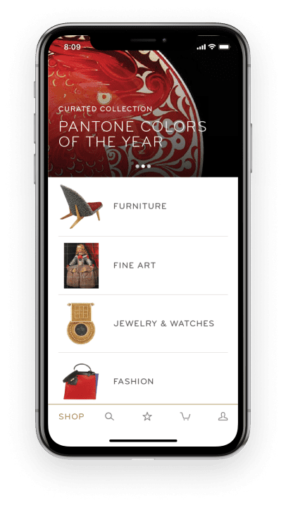 1stdibs iOS app home screen with easy access to category and merchandised shopping.