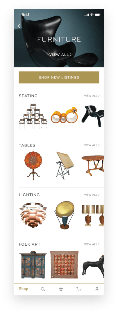 The 1stdibs app prioritizes photography to navigate categories. In this example furniture's secondary categories are shown as carousels.