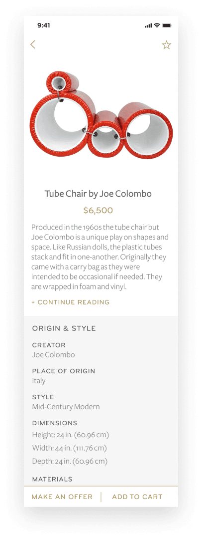 The 1stdibs app product detail pages lead with rich photography and provide all the details of the product in an easy-to-scan user interface.