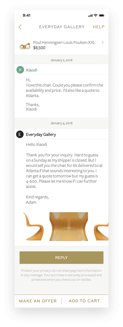 The 1stdibs app has a native message center allowing customers and dealers to easily discuss products.