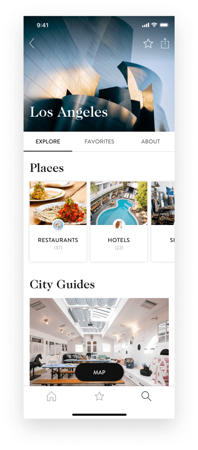 City focused exploration allows users to view goop recommended places and city guides.