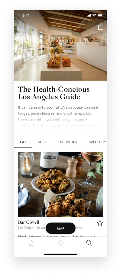 City guides are tailored to traveler preferences. For example, this Los Angeles guide is focused on places a health-conscious traveller would enjoy.