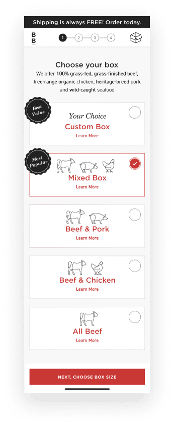 Choose your protein is the first step in the ButcherBox customer onboarding process.