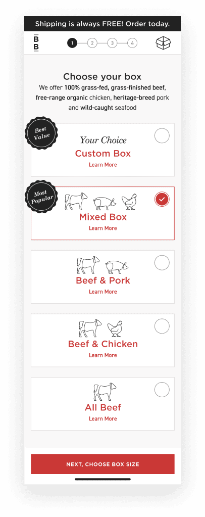 Choose your protein is the first step in the ButcherBox customer onboarding process.