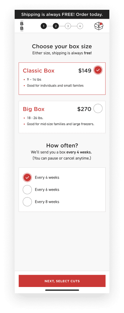 Choose your box is the second step in the ButcherBox customer onboarding process.