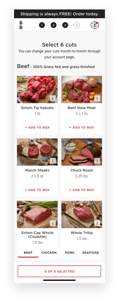 For customer's who selected a 'Custom Box,' choose your cuts is the third step in the ButcherBox onboarding process.