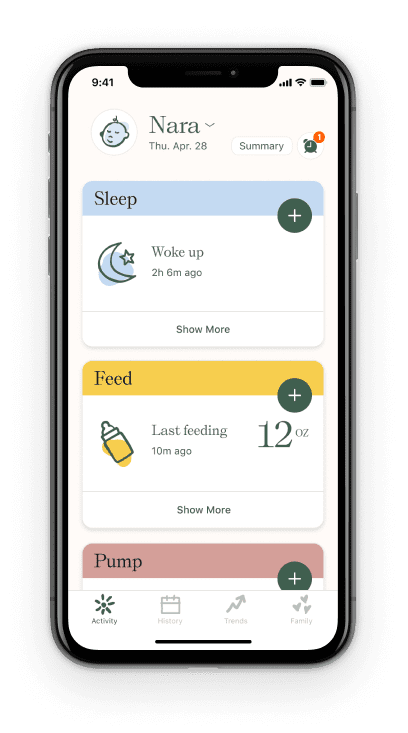The Nara Baby Tracker activity tab allows caregivers to easily track their baby's activities.