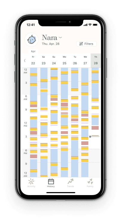 The Nara Baby Tracker history tab provides a color coded overview of the previous 7 days activities.