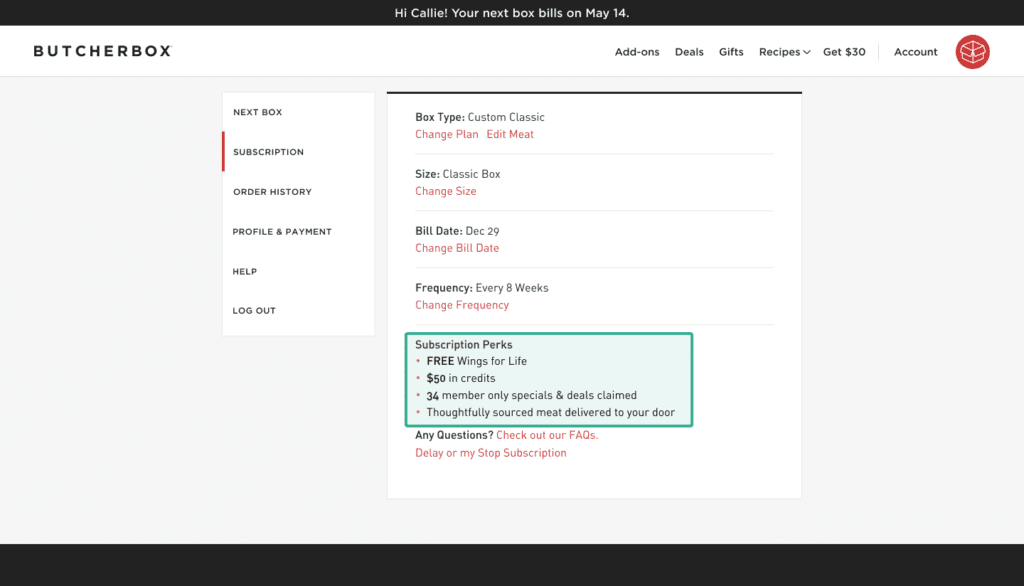 Screenshot of the box settings tab in the ButcherBox member experience. The subscription perks a customer receives are highlighted. 