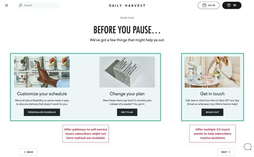 A screenshot of the Daily Harvest UI showing multiple options the subscriber can take to solve a problem with their subscription versus cancelling. The options are to edit contents of their box, change delivery frequency or contact CX.
