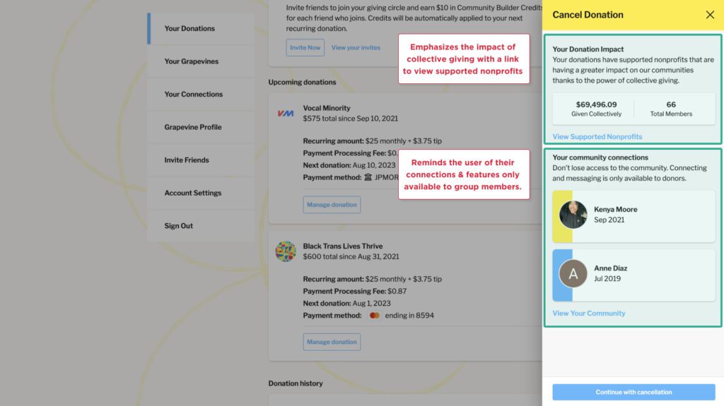 This image shows the UI for the first step in the Grapevine cancel flow. The show the member the impact their donations have had and reminds them that community connections and features are only available to members.
