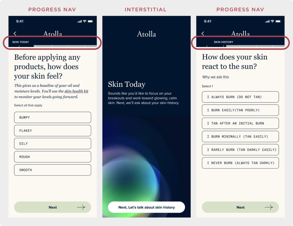 Screenshots of the Atolla quiz showing a progress nav bar and interstitial screens that break up the quiz into logical sections.