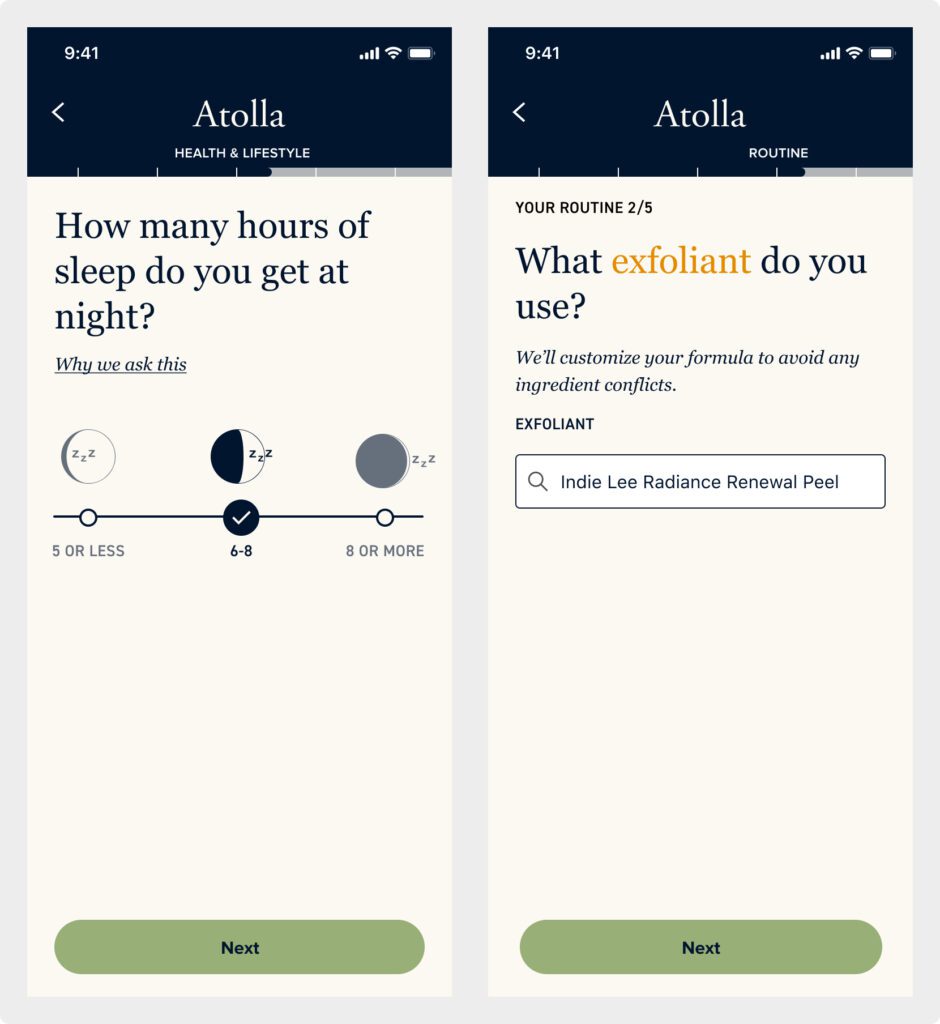 Screenshots of the Atolla quiz showing questions about the number of hours of sleep a user gets and the type of exfoliant they use.