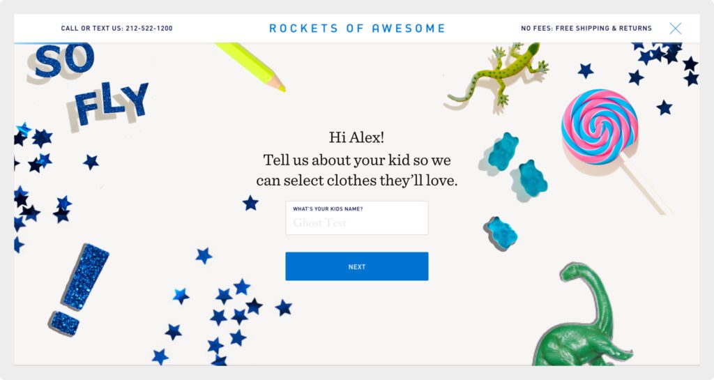 First step of the Rocket's of Awesome quiz showing how the UI addresses the parent and asks for the child's name. 