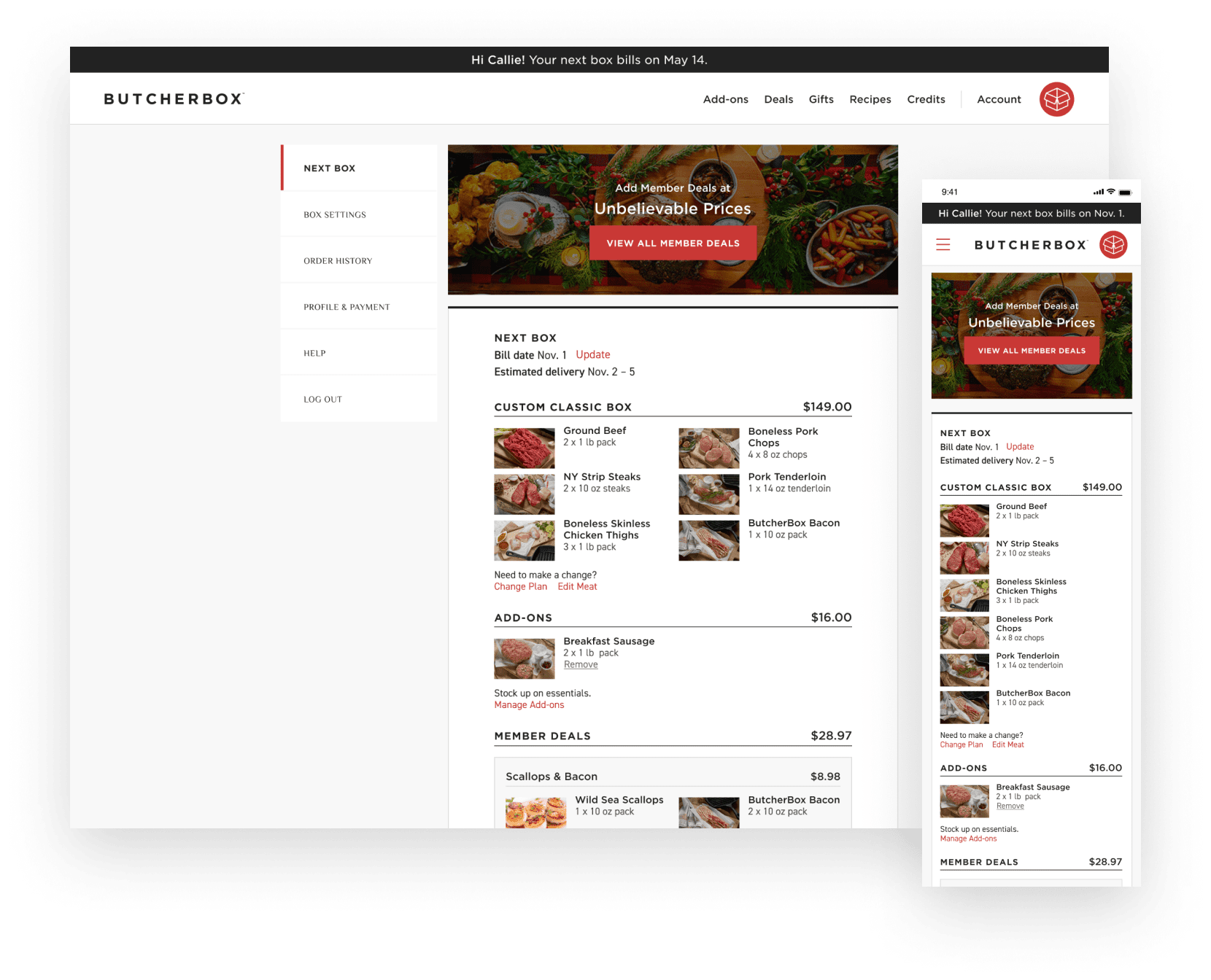 The account management experience for ButcherBox allows customers to easily access and edit the details of their upcoming order in the Next Box section of their account. 