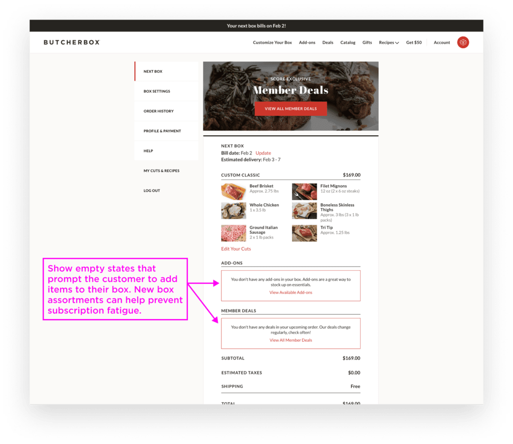 ButcherBox account management UI showing empty states for Add Ons and Member Deals that prompt the customer to add items.