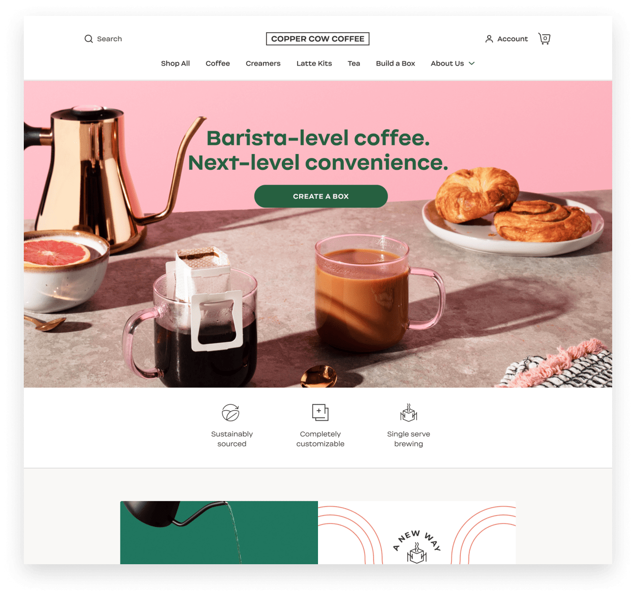 The value proposition and customer benefits are displayed above the fold on the Copper Cow Coffee homepage.