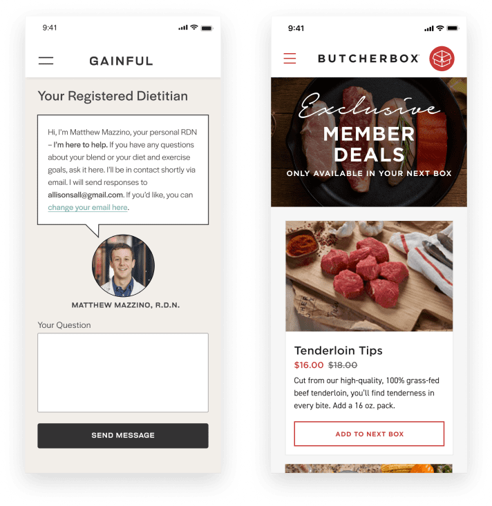 Subscriber only perks from Gainful and Butcherbox include access to a personal dietitian and deals.