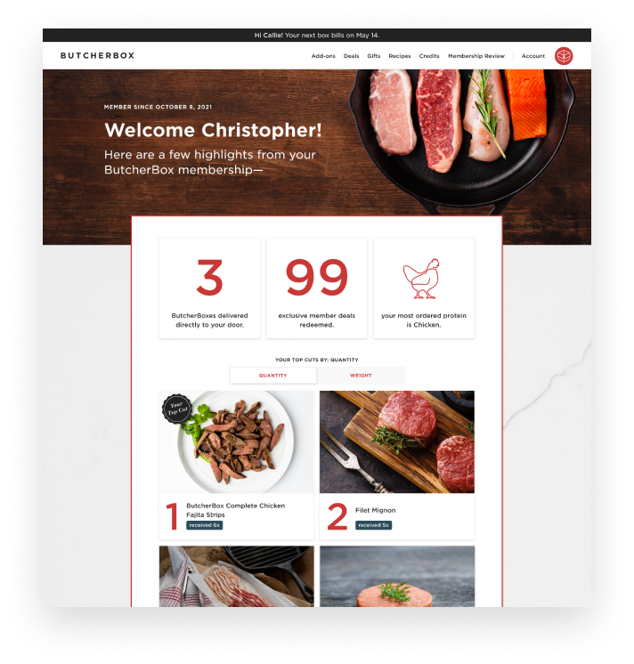 ButcherBox's membership in review page show customers how many boxes they've received, pounds of meat and favorite protein along with recipes.