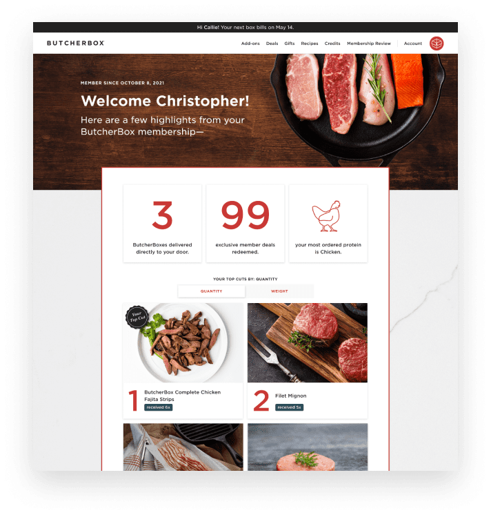 ButcherBox's membership in review page show customers how many boxes they've received, pounds of meat and favorite protein along with recipes.