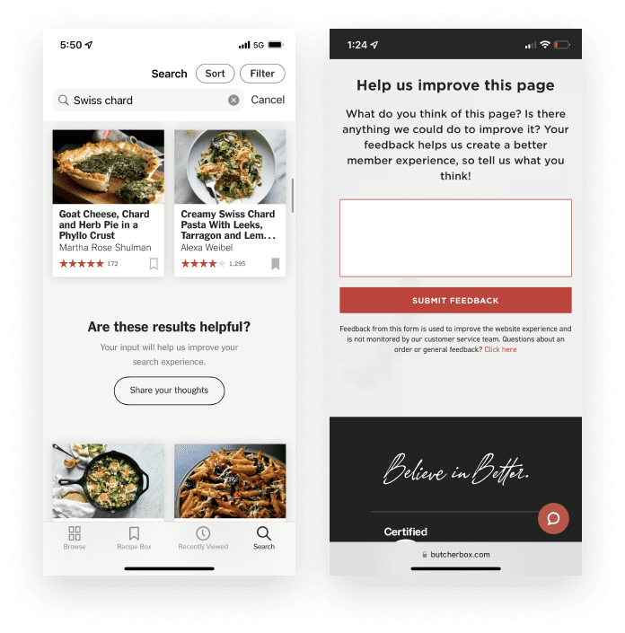 Feedback forms in the New York Times Cooking app and ButcherBox member experience.