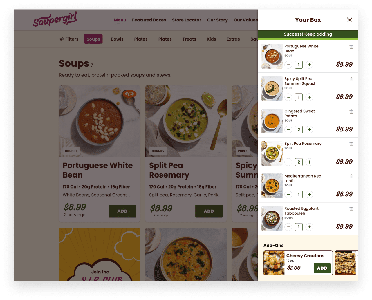 Soupergirl customers can easily manage what is in their box without leaving the product listing page.