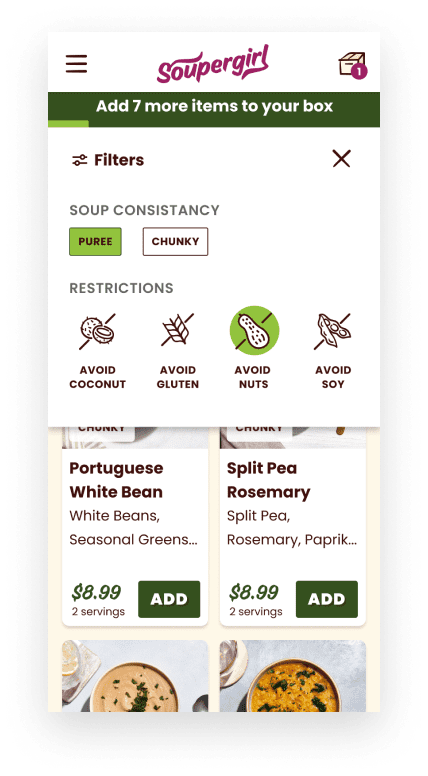 Filters allow users to find soups that matched their consistency and restriction preferences.