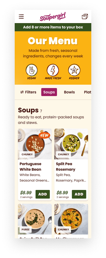 Soupergirl menu with exposed filters, large images and big Add call to action.