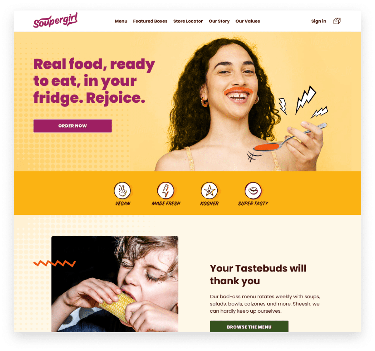 The Soupergirl homepage prominently displays their health focused messaging.