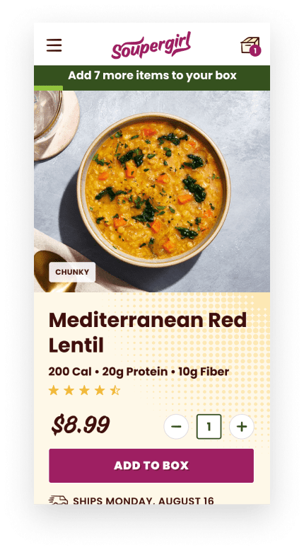 A simple product detail page with large imagery, soup consistency labeling, and the Add To Box call to action above the fold.