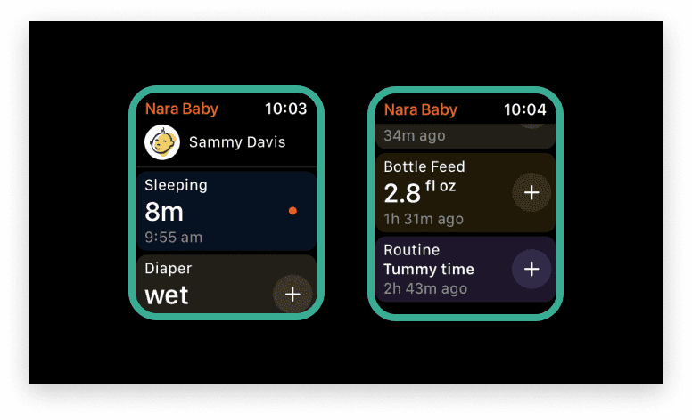 Nara Baby Tracker Watch app showing an active sleep timer and most recent bottle feed.