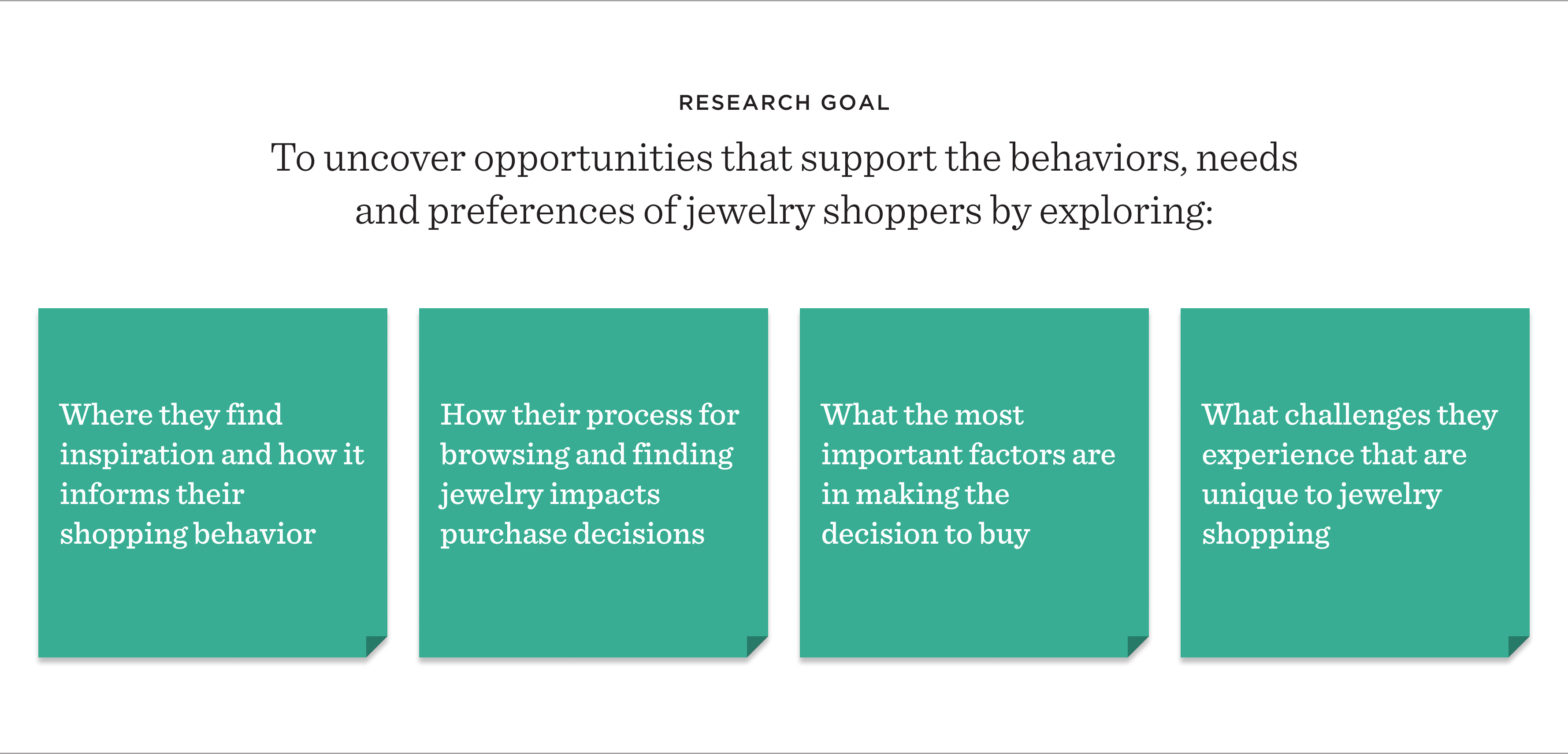 Our research goal is to understand jewelry consumers’ process for shopping for designer or vintage jewelry in order to uncover opportunities to better support their behaviors, needs and preferences.