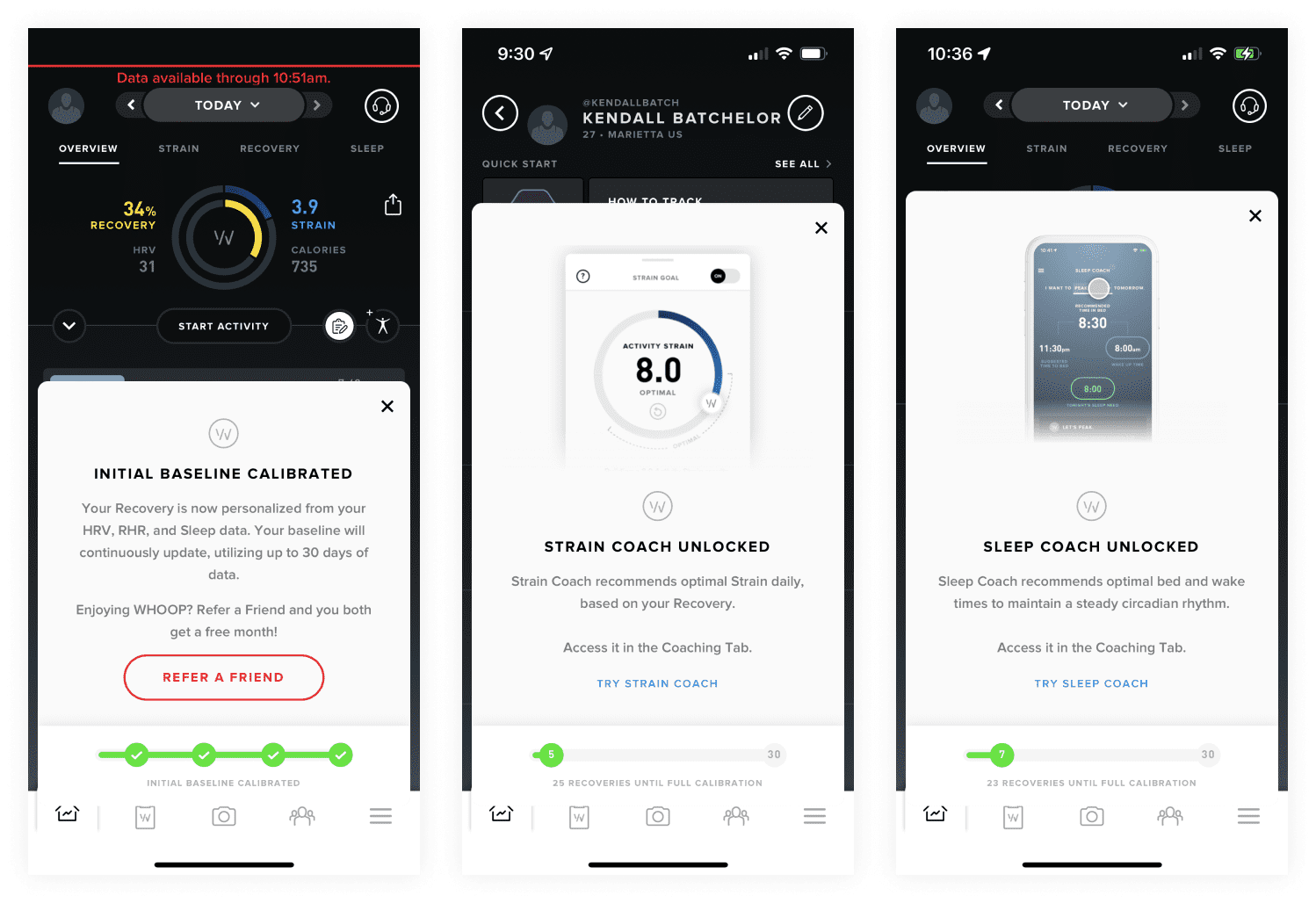 A screenshot of the WHOOP app that shows that the initial baseline has been calibrated, a second screenshot that shows that the strain coach has been unlocked, and a third showing the sleep coach has been unlocked.