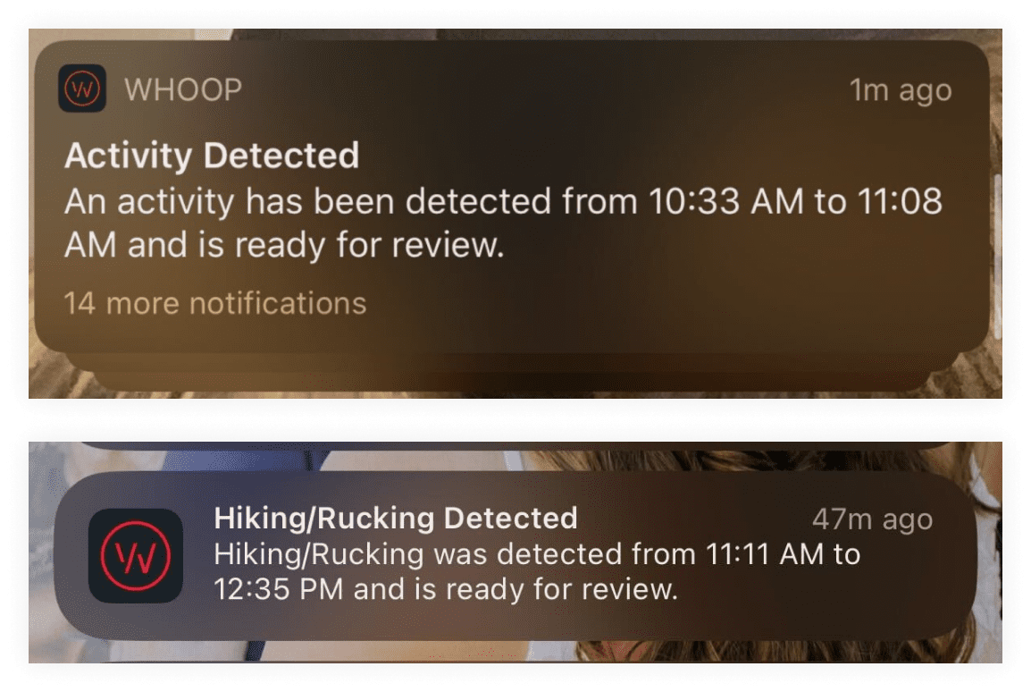 Notifications from the WHOOP app. One showing that an Activity has been detected and a second one showing that Hiking/Rucking has been detected.