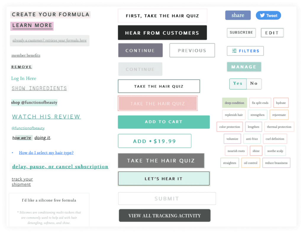 When Everyday Industries conducted a UX assessment for Function of Beauty we created a UI inventory showing the disjointed use of buttons, links and forms. Use of an inconsistent UI in your site experience creates user friction.