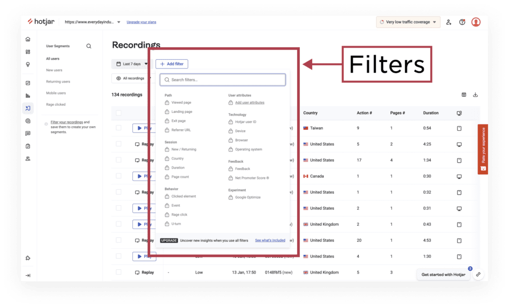 HotJar is a session recording software that provides a lot of useful filters so you can easily find sessions that are relevant to the UX problem you are trying to solve.