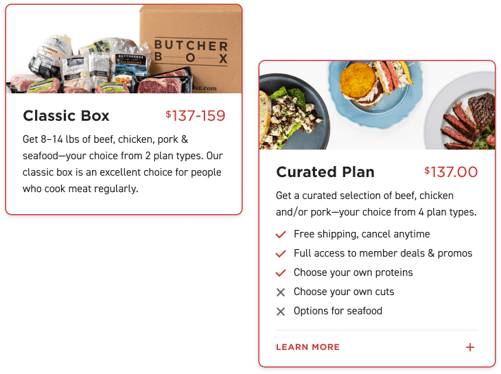 Everyday Industries designed two concepts for ButcherBox that we used to help us understand if customers prefer selecting box size or plan first in the acquisition flow.