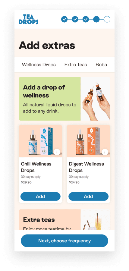 Customers can add extras to their customized box including wellness drops, extra teas, and boba.