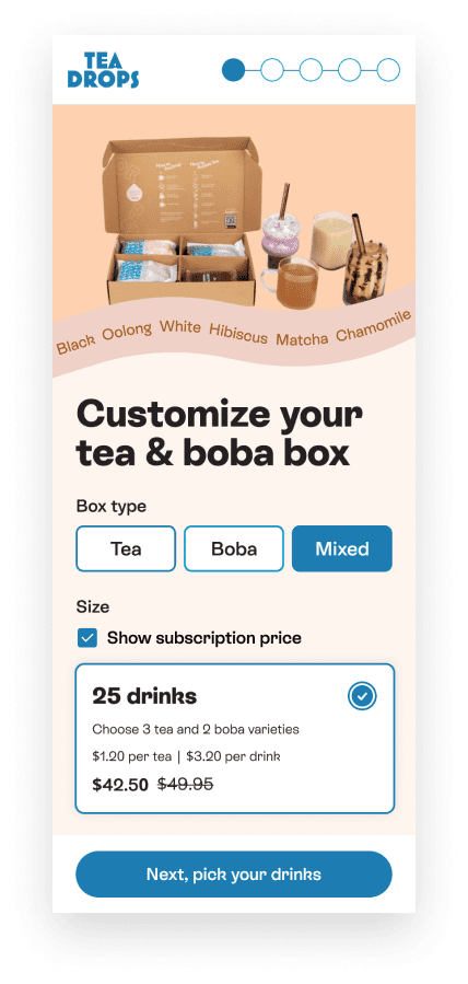 Customers can select from three box types and how many drinks they want per box.