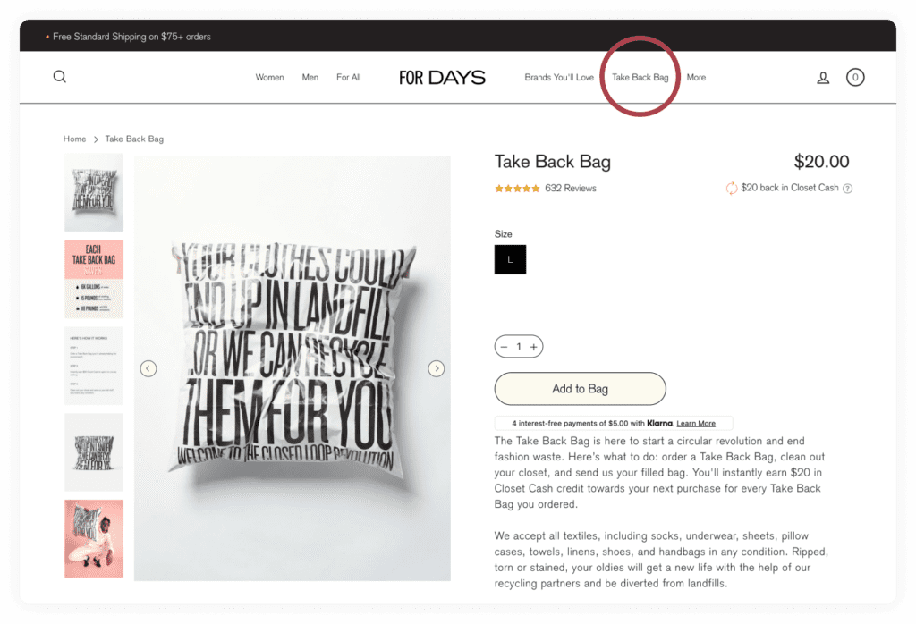 The FORDAYS product detail page for their take back bag describes how customers can earn credit towards future purchases by sending in their worn out items.