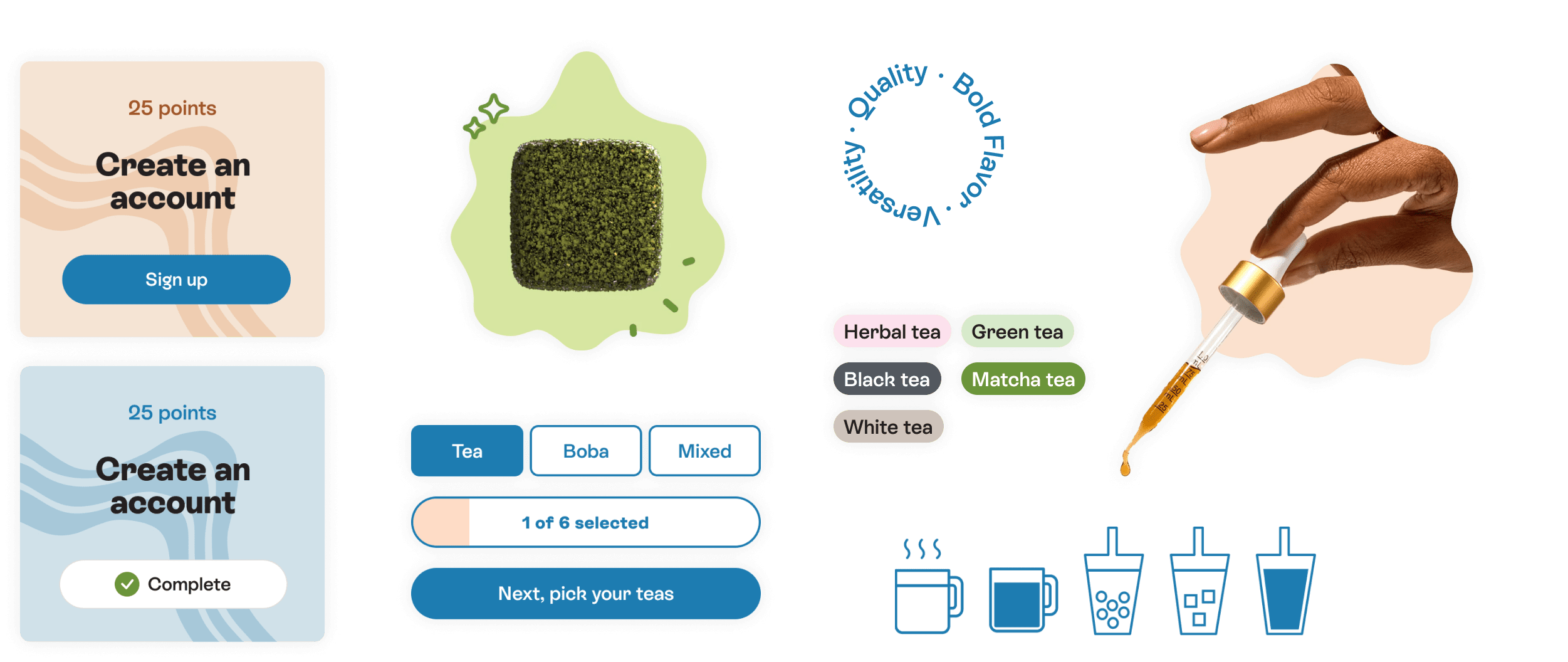 A small set of the reusable design system elements that create consistency across the site and are the foundation for future designs.