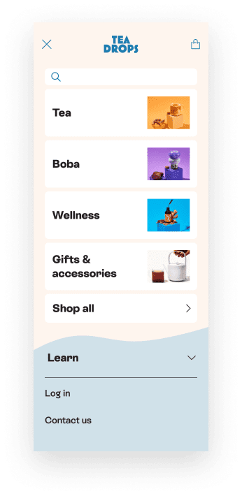Mobile navigation exposing key categories: tea, boba, and wellness.