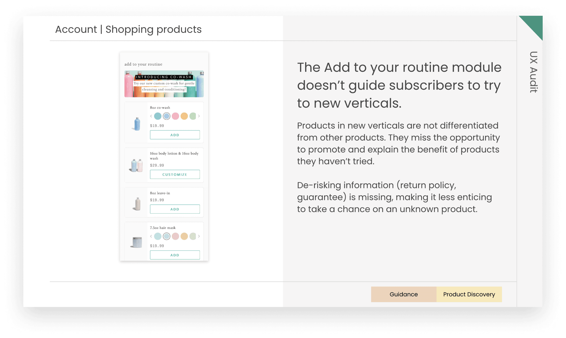 UX assessment finding describing how users struggled to add additional items to their cart while shopping.