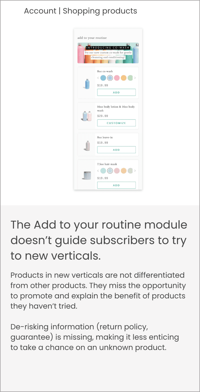 UX assessment finding describing how users struggled to add additional items to their cart while shopping.