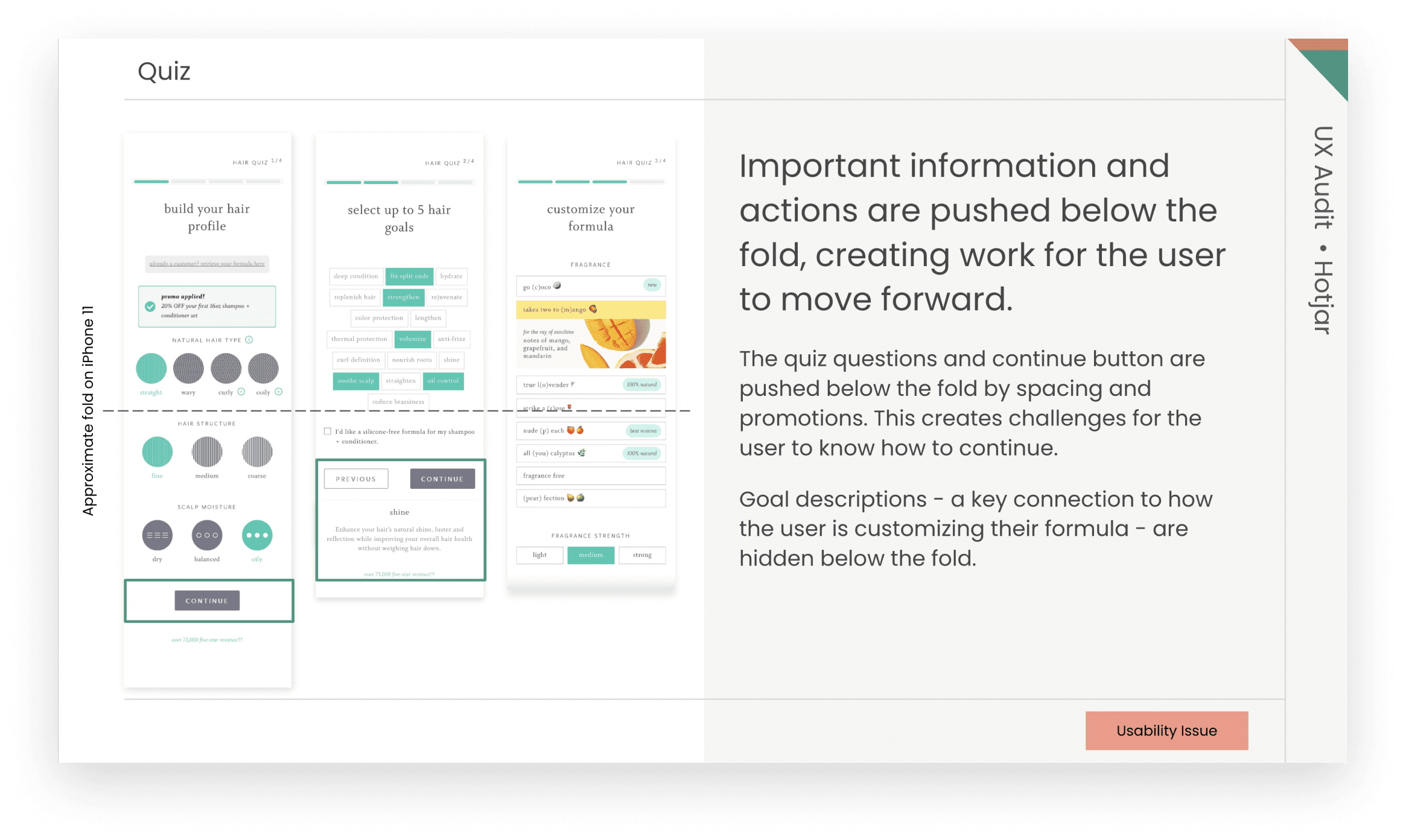 UX assessment findings describing areas of friction within Function of Beauty's personalization quiz.