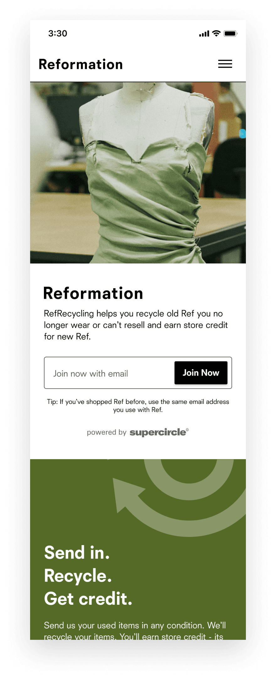 Reformation white label recycling experience for customers.