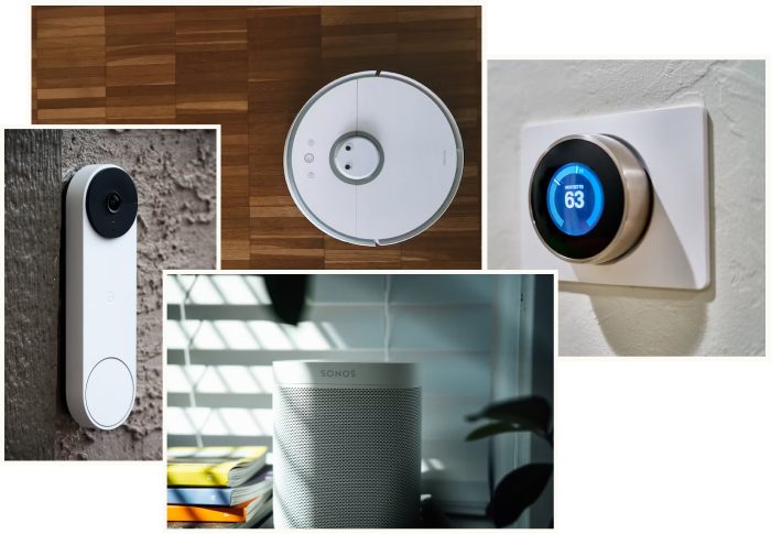 Collage of smart devices including a doorbell, vacuum, thermostat and speaker.