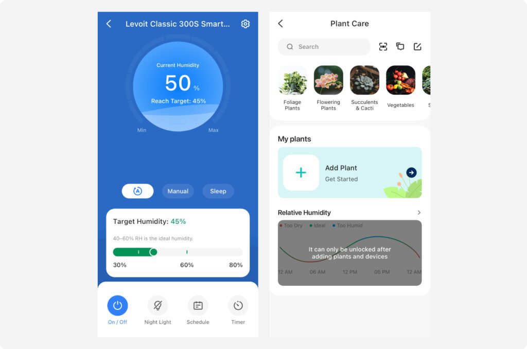 VeSync app screen for the humidifier showing the humidity and a plant care feature.