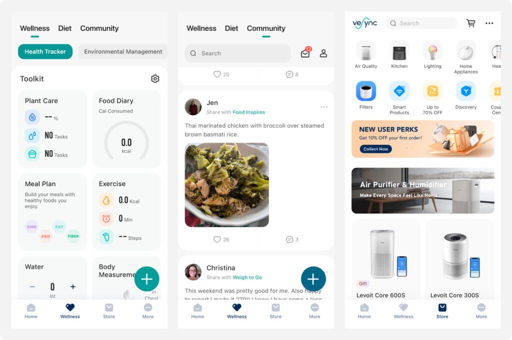 VeSync app screens for Wellness and Store. Two of the tab navigation options.