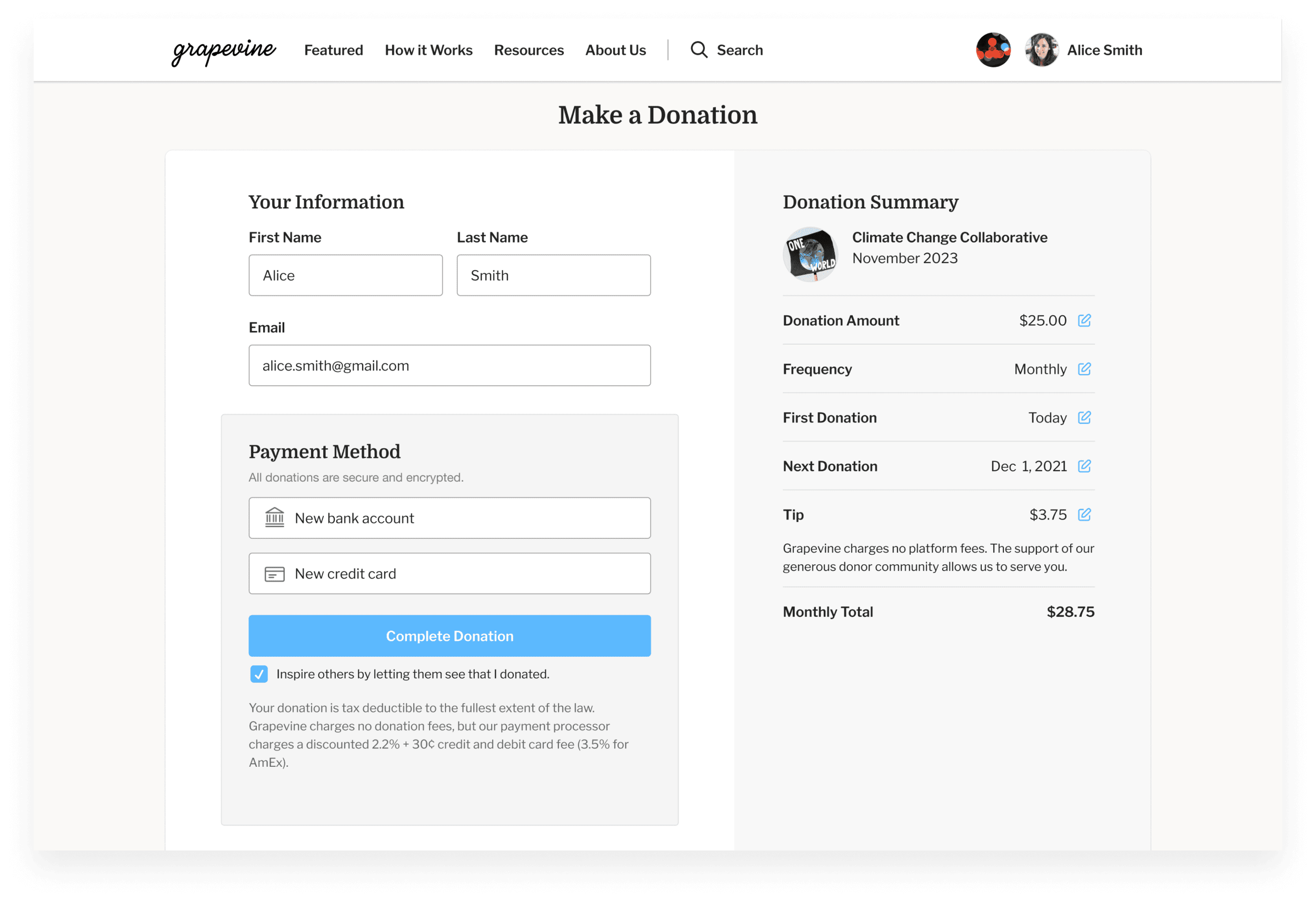 Grapevine simplified make a donation UI.